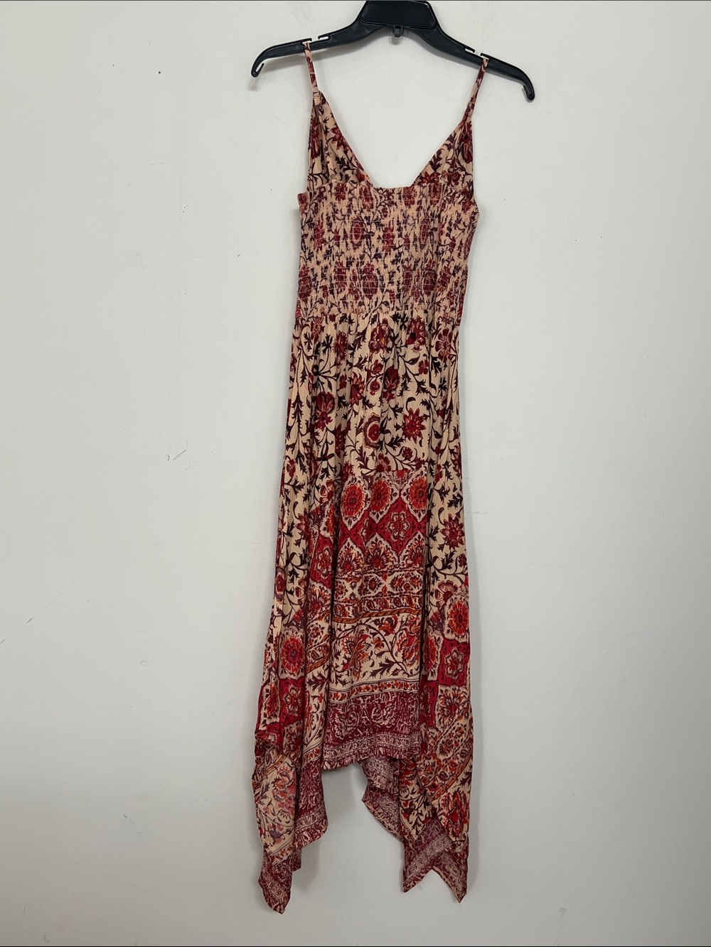 🌞 Angie Bohemian Peach & Burgundy Floral Print spagetti strin maxi dress women S - Picture 2 of 16